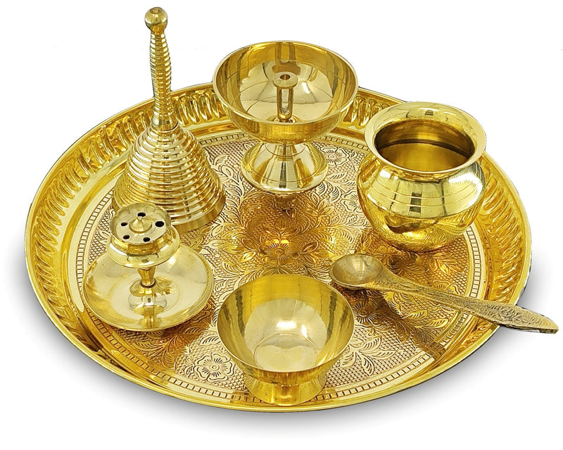 NOBILITY Brass Pooja Thali Set 8 Inch Puja Thali with Pital Plate Kalash Piyali Diya Ghanti Dhup Dan Chandan Wati Palli Arti Thali for Diwali Home Office Mandir Wedding Return Gift Items