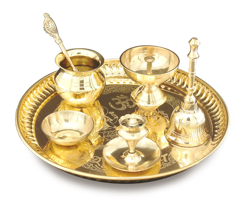 NOBILITY Brass Pooja thali Set 8 Inch with Pital Plate Kalash Spoon Piyali Diya Bowl Dhup Dan Ghanti Daily Puja Thali for Diwali Home Mandir Office Wedding Return Gift Items