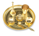 NOBILITY Brass Pooja thali Set 8 Inch with Pital Plate Glass Spoon Diya Bowl Designed Dhup Dan Ghanti Daily Puja Thali for Diwali Home Mandir Office Wedding Return Gift Items
