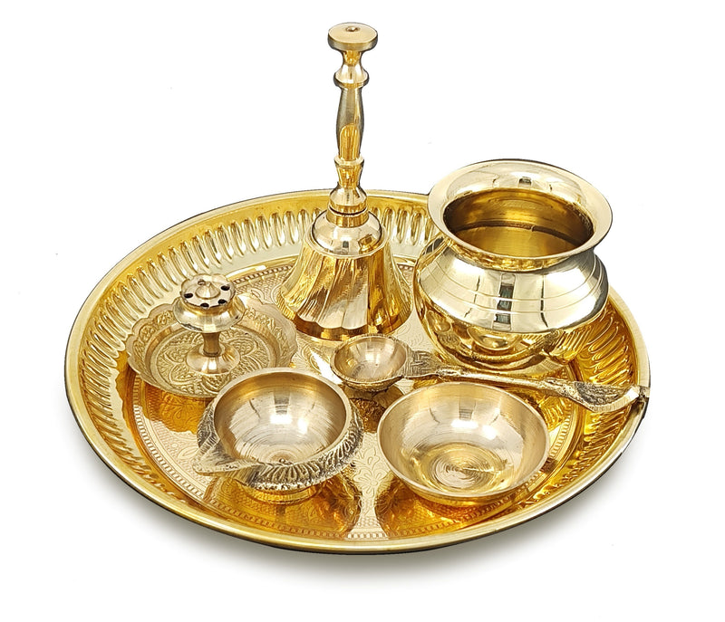 NOBILITY Brass Pooja Thali Set 6 Inch Puja Thali with Pital Plate Kalash Kuber Diya Chandan Wati Agarbatti Stand Ghanti Palli Arti Thali for Diwali Home Office Mandir Wedding Return Gift Items