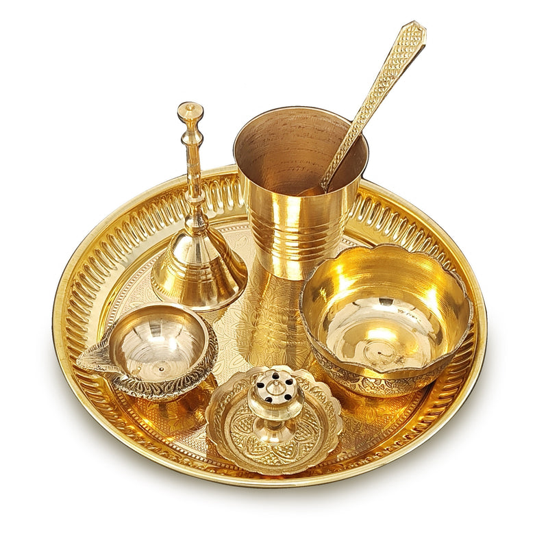 NOBILITY Brass Pooja Thali Set 6 Inch Puja Thali with Pital Plate Bowl Glass Kangura Plate Spoon Arti Thali for Diwali Home Office Mandir Wedding Return Gift Items