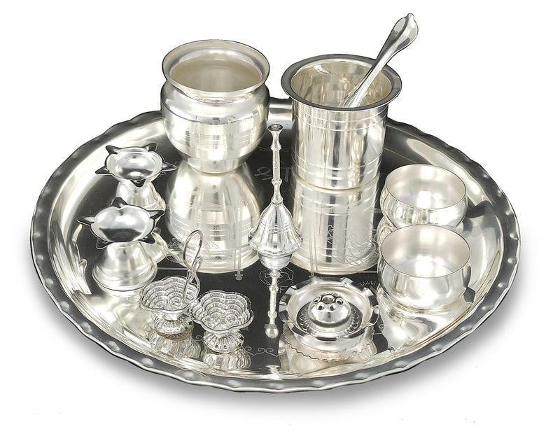 NOBILITY Pooja Thali Set 12 Inch Silver Plated with Designed Puja Plate Kalash Panchpatra Palli Bowl Dhup Dan Ghanti Haldi Kumkum Stand Diya for Home Mandir Office Wedding Return Gift Items