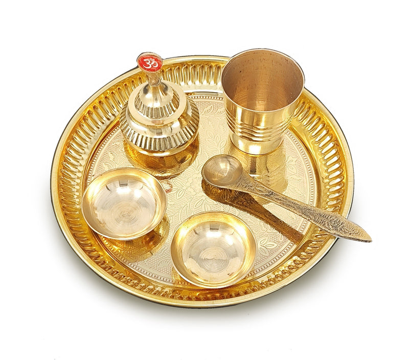 NOBILITY Brass Pooja Thali Set 6 Inch Puja Thali with Pital Plate Plate Glass Chandan Wati Sindoor Dibbi Palli Arti Thali for Diwali Home Office Mandir Wedding Return Gift Items