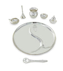 NOBILITY Pooja Thali Set Silver Plated with Red Gift Box Designed Puja Plate 22 CM Bowl Ghanti Kalash Spoon Dhup Dan Diya for Home Office Diwali Wedding Return Gift Items