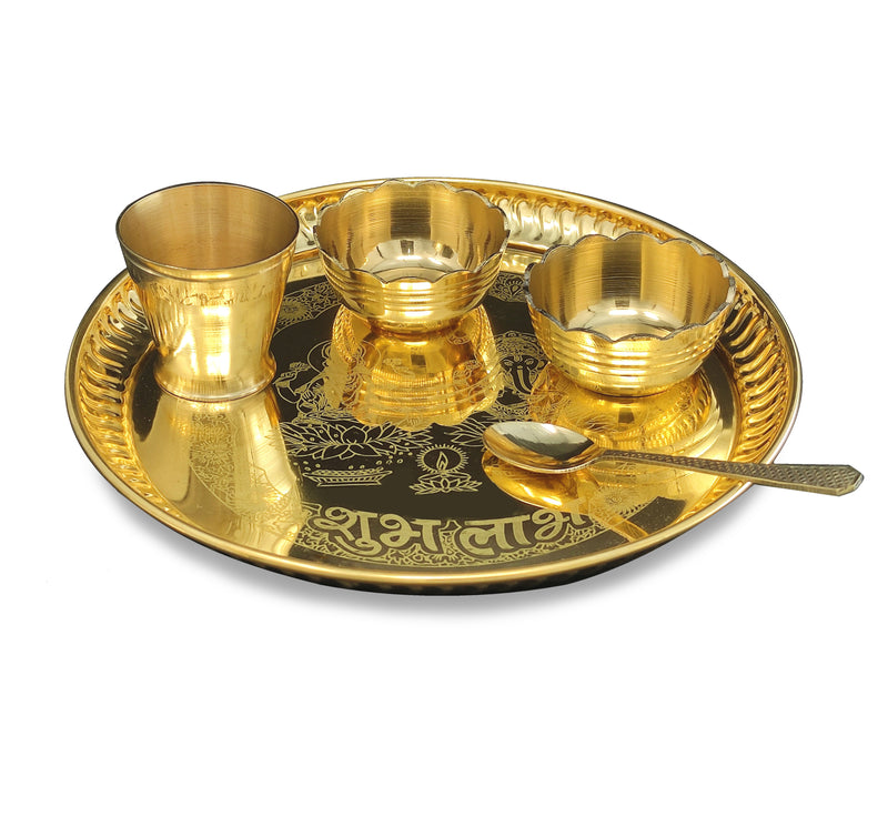 NOBILITY Brass Pooja thali Set 8 Inch with Pital Plate Bowl Glass Spoon Daily Puja Bhog Thali for Diwali Home Mandir Office Wedding Return Gift Items