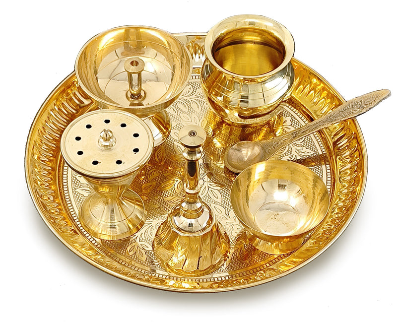 NOBILITY Brass Pooja Thali Set 7 Inch with Pital Puja Plate Kalash Bowl Spoon Dhup Dan Palli Ghanti Kuber Diya Chandan Wati Arti Thali for Diwali Home Office Mandir Wedding Return Gift Items