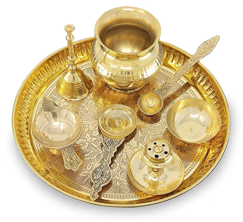 NOBILITY Brass Pooja Thali Set 8 Inch Puja Thali with Pital Plate Kalash Palli Chandan Wati Agarbatti Stand Kappur Arti Diya for Diwali Home Office Mandir Wedding Return Gift Items