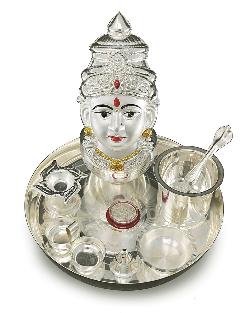 NOBILITY Silver Plated Pooja thali Set with Varalakshmi Devi Mukhota Idol Statue