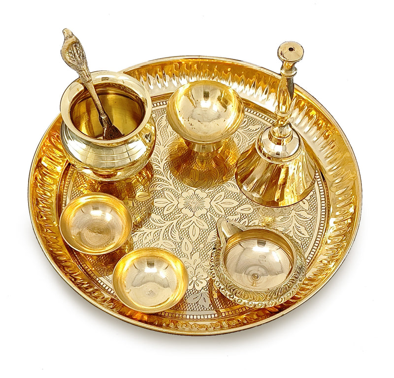 NOBILITY Brass Pooja Thali Set 7 Inch with Pital Puja Plate Kalash Bowl Spoon Dhup Dan Palli Ghanti Kuber Diya Chandan Wati Arti Thali for Diwali Home Office Mandir Wedding Return Gift Items