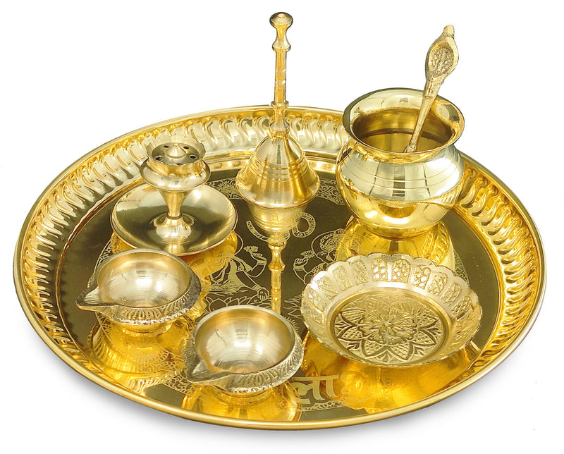 NOBILITY Brass Pooja thali Set 8 Inch with Pital Plate Kalash Spoon Ghanti Bowl Dhup Dan Kuber Diya Kangura Plate Puja Thali for Diwali Home Mandir Office Wedding Return Gift Items