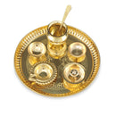 NOBILITY Brass Pooja thali Set 8 Inch with Pital Plate Kalash Spoon Diya Bowl Dhup Dan Ghanti Daily Puja Thali for Diwali Home Mandir Office Wedding Return Gift Items