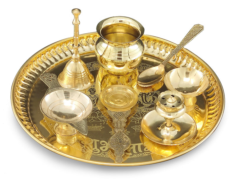 NOBILITY Brass Pooja thali Set 8 Inch with Pital Plate Kalash Spoon Diya Bowl Dhup Dan Ghanti Kappur Arti Daily Puja Thali for Diwali Home Mandir Office Wedding Return Gift Items