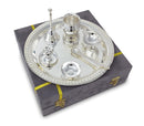 NOBILITY Pooja Thali Set Silver Plated with Grey Gift Box Om Designed 22 cm Puja Plate Kalash Bowl Ghanti Spoon Dhup Dan Diya for Home Office Diwali Wedding Return Gift Items