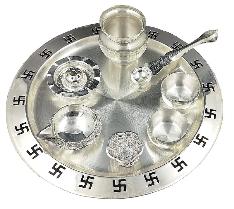 NOBILITY Silver Plated Swastik Design Puja Thali Set Festival Ethnic Pooja Items for Home Temple Office Wedding Return Gift Items