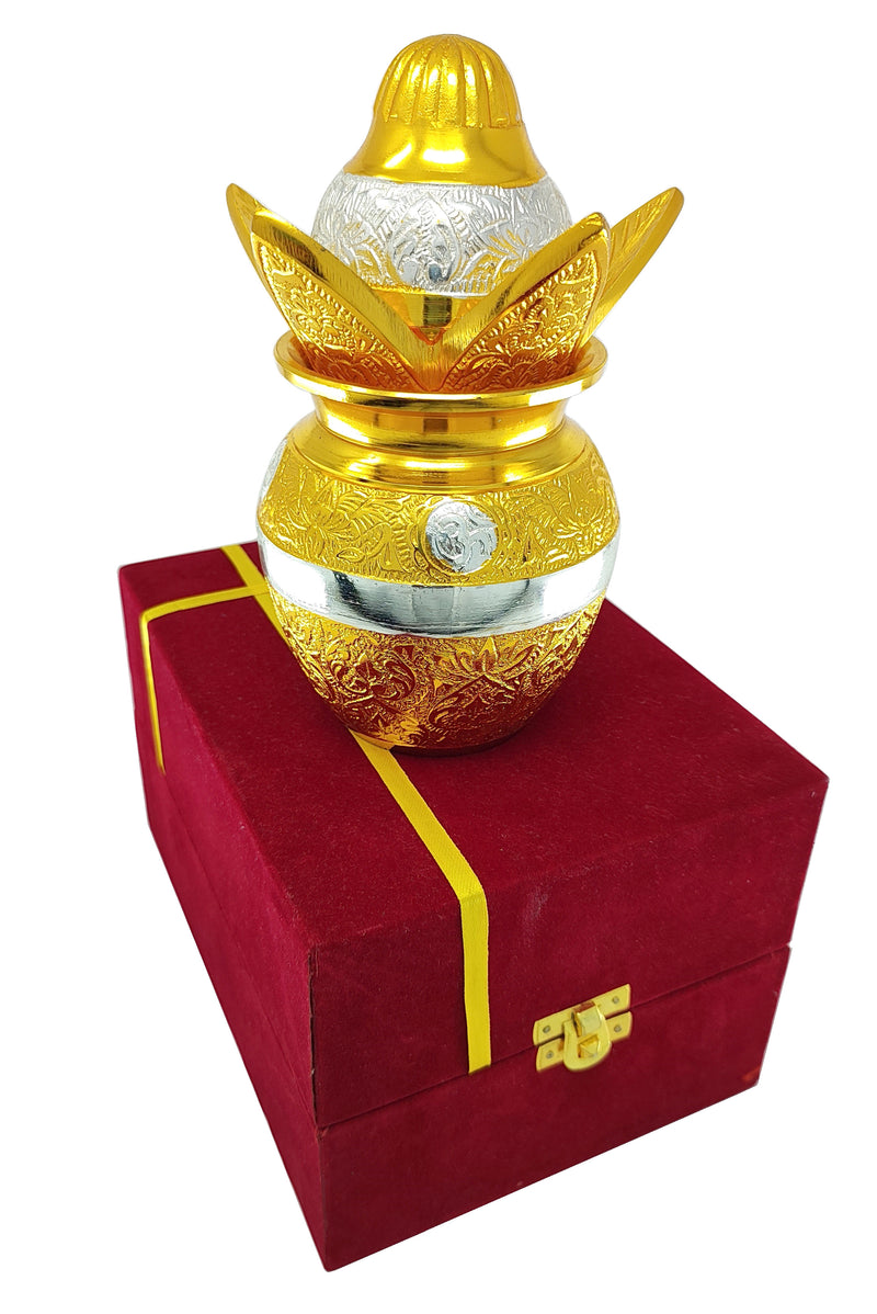 NOBILITY German Silver Gold Plated Pooja Kalash lota Coconut Leaves with Royal Velvet Box Poojan Home Temple Diwali Wedding Gift Items