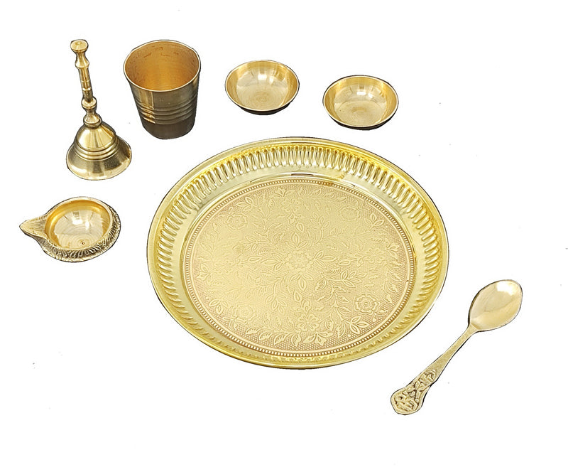 NOBILITY Brass Pooja Thali Set 6 Inch Puja Thali with Pital Plate Glass Chandan Vati Kuber Deep Ghanti Spoon Arti Thali for Diwali Home Office Mandir Wedding Return Gift Items