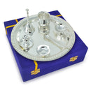 NOBILITY Pooja Thali Set Silver Plated with Blue Gift Box Om Designed 22 cm Puja Plate Kalash Bowl Ghanti Spoon Dhup Dan Diya for Home Office Diwali Wedding Return Gift Items