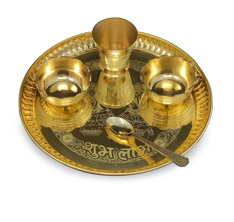 NOBILITY Brass Pooja thali Set 8 Inch with Pital Plate Bowl Glass Spoon Daily Puja Bhog Thali for Diwali Home Mandir Office Wedding Return Gift Items