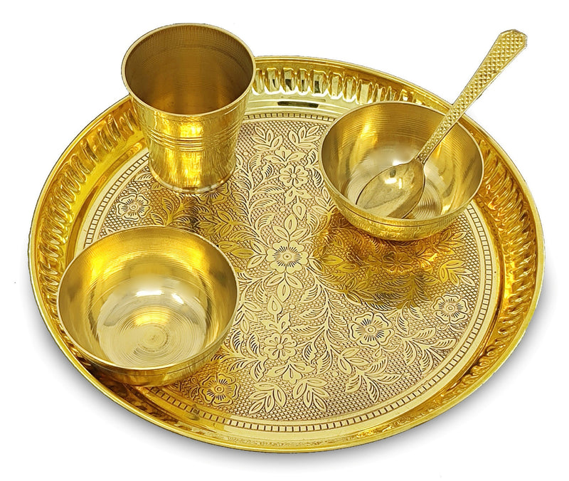 NOBILITY Brass Pooja Thali Set 8 Inch Puja Bhog Thali with Pital Plate Bowl Glass Spoon Arti Thali for Diwali Home Office Mandir Wedding Return Gift Items