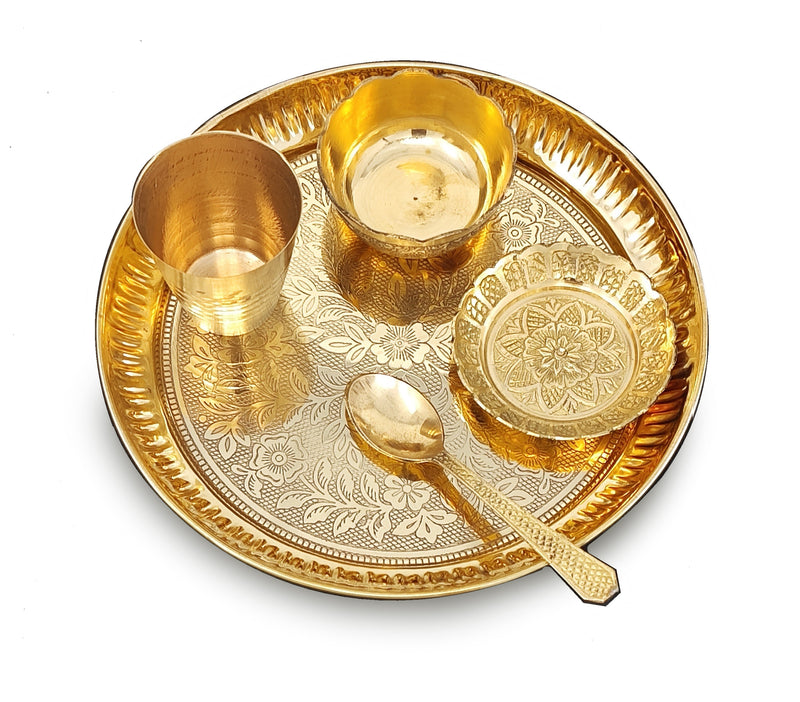 NOBILITY Brass Pooja Thali Set 7 Inch with Pital Puja Plate Kalash Bowl Spoon Dhup Dan Palli Ghanti Kuber Diya Chandan Wati Arti Thali for Diwali Home Office Mandir Wedding Return Gift Items