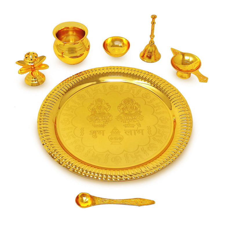 NOBILITY Pooja Thali Set Gold Plated with Red Gift Box Designed Puja Plate 22 CM Bowl Ghanti Kalash Spoon Dhup Dan Diya for Home Office Diwali Wedding Return Gift Items