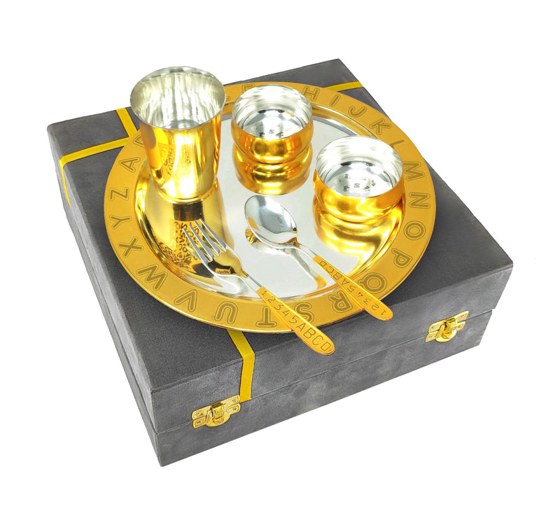 NOBILITY Gold & Silver Plated Baby Dinner Set With Gray Velvet Box for Gift Rice Ceremony Annaprashan Sanskar for Boys Girls Kids Birthday Return Festive Gift Items