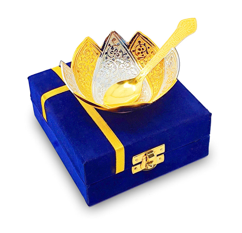 NOBILITY Bowl Spoon Set Gold and Silver Plated Leaf Shaped Designed with Velvet Box Dry Fruit Dessert Serving Sets Friends Family Home Decorative Corporate Gifts Wedding Return Gift