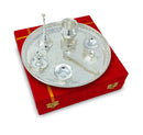 NOBILITY Pooja Thali Set Silver Plated with Red Gift Box Designed 8 Inch Puja Plate Kalash Bowl Ghanti Spoon Dhup Dan Diya for Home Office Diwali Wedding Return Gift Items
