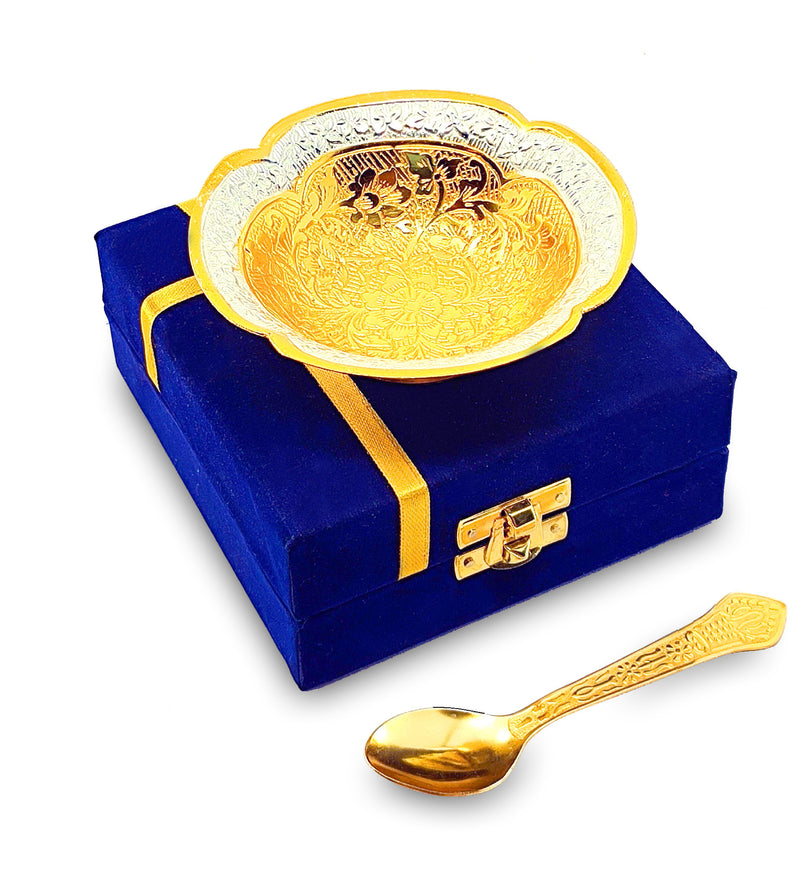 NOBILITY Bowl Spoon Set Gold and Silver Plated Leaf Shaped Designed with Velvet Box Dry Fruit Dessert Serving Sets Friends Family Home Decorative Corporate Gifts Wedding Return Gift