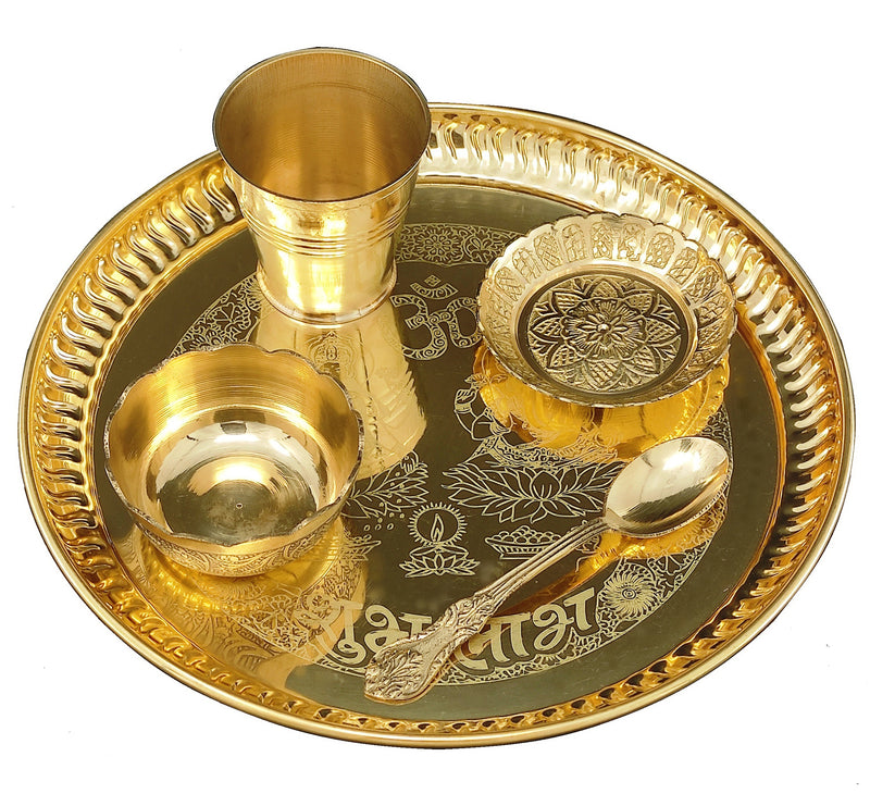 NOBILITY Brass Ganesh Lakshmi Bhog thali Pooja Set 8 Inch with Pital Plate Glass Spoon Prasad Bowls Puja Thali for Diwali Home Mandir Office Wedding Return Gift Items