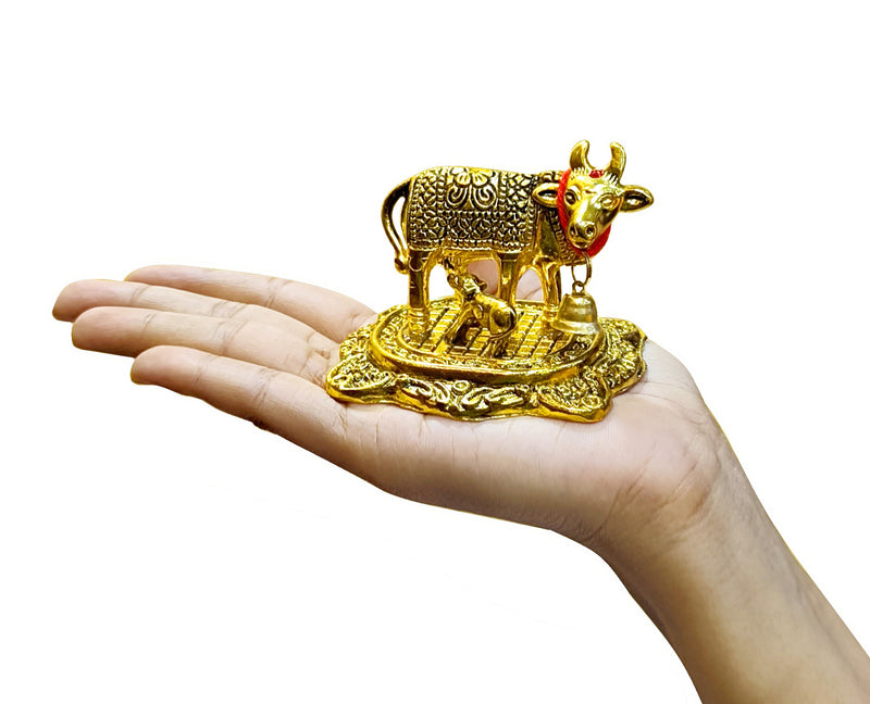 NOBILITY Small Kamdhenu Cow with Calf Metal Statue with Red Velvet Gift Box Decorative Item Showpiece for Home Office Diwali Decoration items Wedding Return Gifts