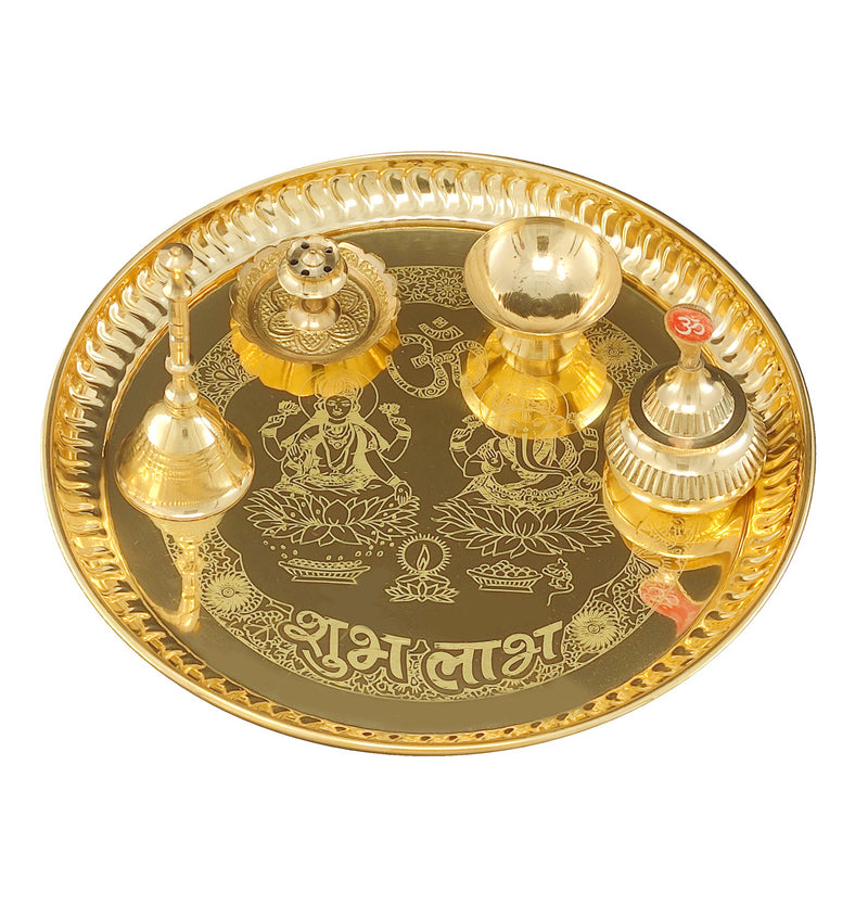 NOBILITY Brass Pooja thali 8 Inch with Kalash Kuber Diya Ghanti Spoon Bowl Dhup Dan Ganesh Lakshmi Design Puja Thali Set Festival Home Office Mandir Diwali Wedding Return Gift Items