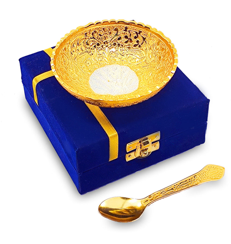 NOBILITY Bowl Spoon Set Gold and Silver Plated Leaf Shaped Designed with Velvet Box Dry Fruit Dessert Serving Sets Friends Family Home Decorative Corporate Gifts Wedding Return Gift