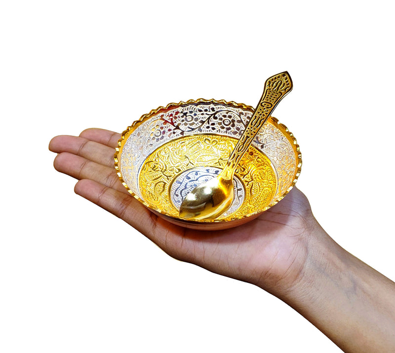 NOBILITY Bowl Spoon Set Gold and Silver Plated Leaf Shaped Designed with Velvet Box Dry Fruit Dessert Serving Sets Friends Family Home Decorative Corporate Gifts Wedding Return Gift