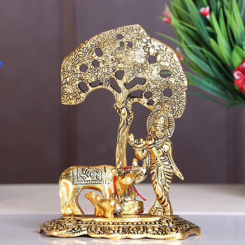 NOBILITY Krishna Statue Idol with Cow and Calf Under Tree Idol Hindu Puja Religious Murti for Janmashtami Diwali Home Decoration Temple Pooja Decor Wedding Return Gift Items