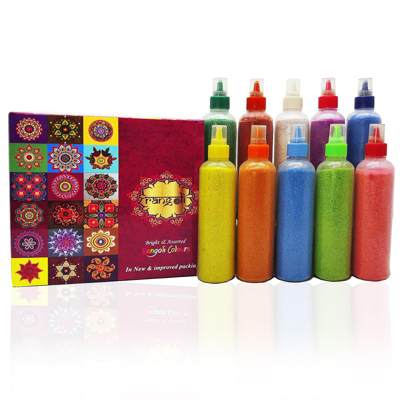 NOBILITY Rangoli Powder Colors Bottles Tools Tubes Design Creativity Diwali Floor Ceramic Colours Rangoli Color Powder Rang for Navratri Pongal Pooja Mandir (Pack of 10 Bottles)