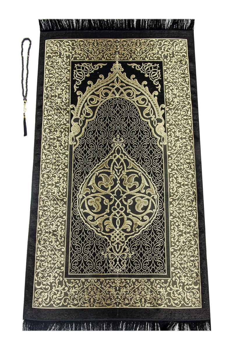 NOBILITY Muslim Prayer Rug And Beads With Elegant Design  | Janamaz | Sajadah | Soft Islamic Prayer Rug | Islamic Gifts Set | Prayer Carpet Mat Taffeta Fabric Black