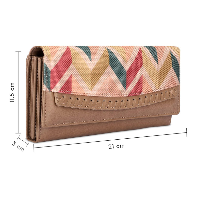 NOBILITY Ladyluxe Collection Printed Handicraft Fabric & Faux Leather Womens Wallet Clutch Ladies Purse with Multiple Card Slots (Cream-Wave Design)