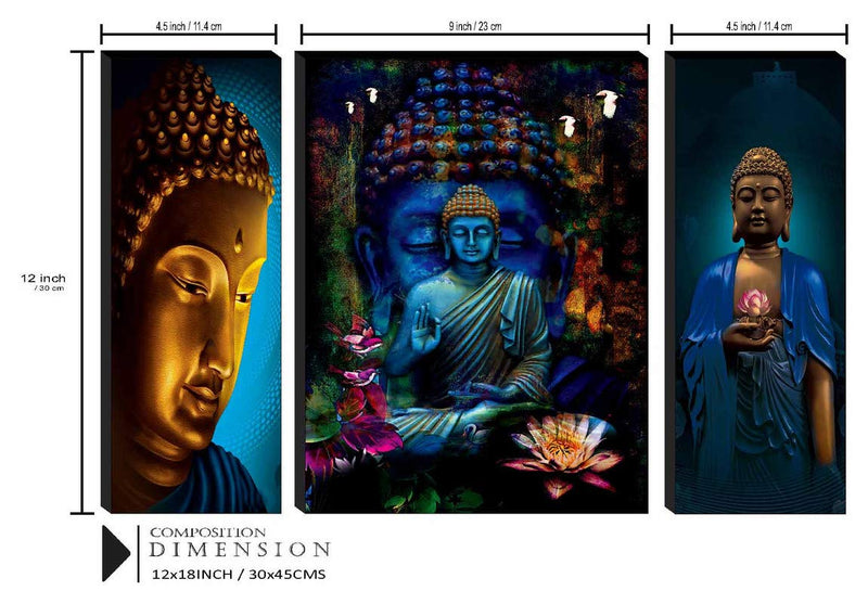 NOBILITY paintings Set of 3 Buddha UV Textured Home Decorative Gift Item Painting, 18 Inch X 12 Inch -