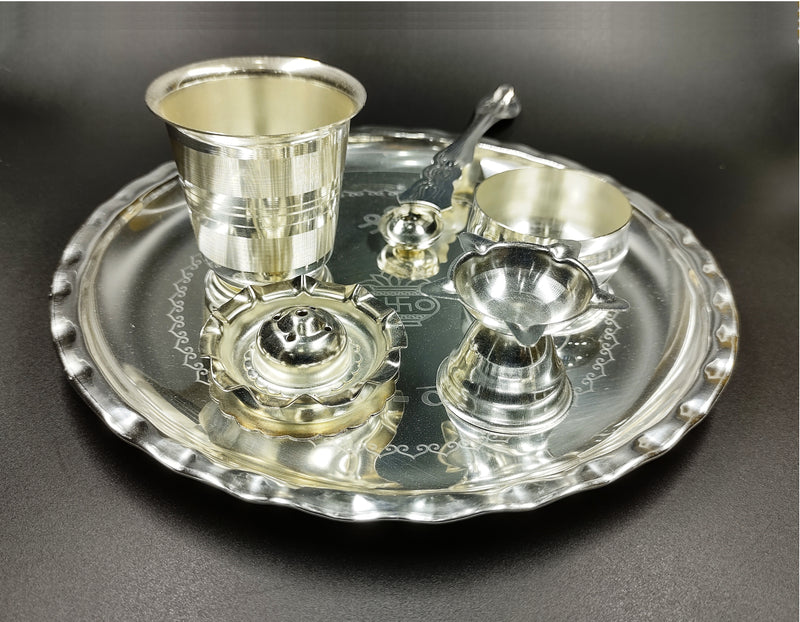 NOBILITY Subh Labh Silver Plated Pooja thali Set 8 Inch for Mandir Temple Festival Puja Thali for Home, Office, Wedding Return Gift