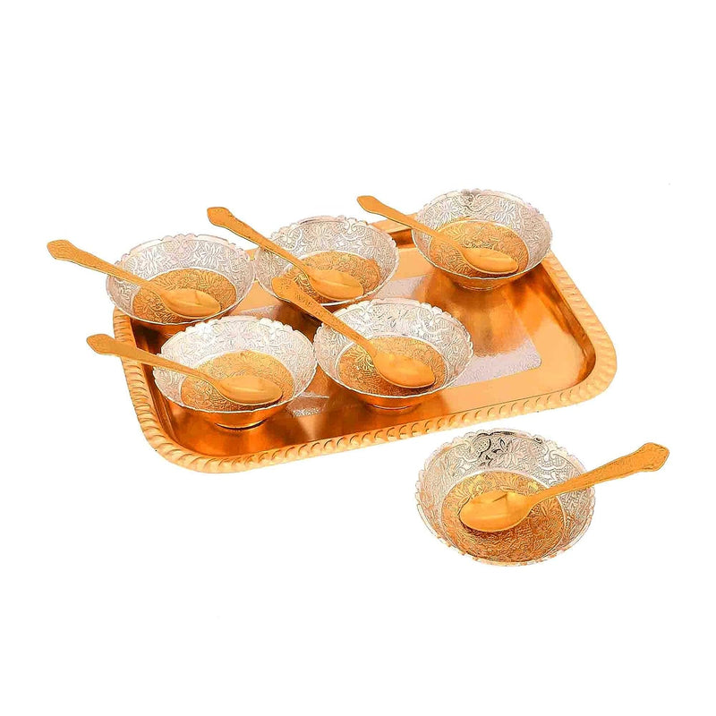 NOBILITY Bowl Spoon Tray Set Gold & Silver Plated Dry Fruits Dessert Serving Friends Family Housewarming Home Decoration Corporate Wedding Return Gifts Diwali Eid Christmas Gift items