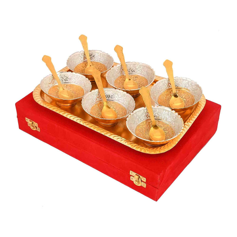 NOBILITY Bowl Spoon Tray Set Gold & Silver Plated Dry Fruits Dessert Serving Friends Family Housewarming Home Decoration Corporate Wedding Return Gifts Diwali Eid Christmas Gift items