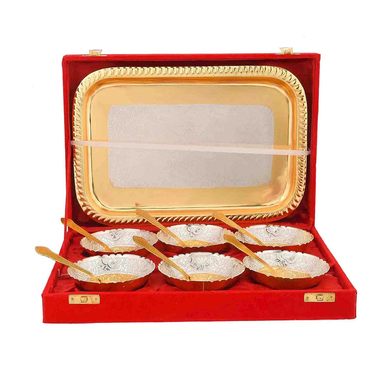 NOBILITY Bowl Spoon Tray Set Gold & Silver Plated Dry Fruits Dessert Serving Friends Family Housewarming Home Decoration Corporate Wedding Return Gifts Diwali Eid Christmas Gift items