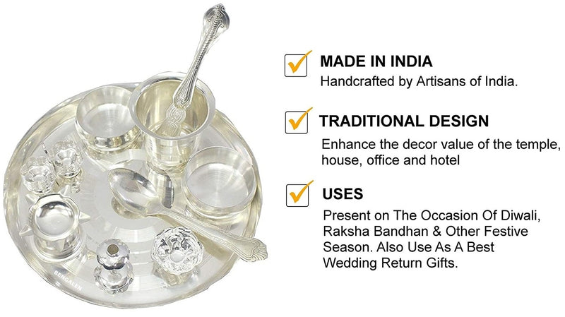 NOBILITY Silver Plated Pooja thali Set 8 Inch Festival Ethnic Puja Thali Gift for Diwali, Home, Temple, Office, Wedding Gift