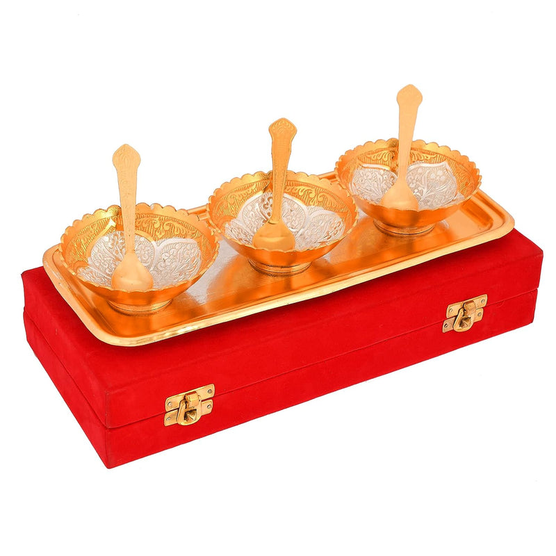 NOBILITY Bowl Spoon Tray Set Gold Silver Plated Dry Fruits Dessert Serving Wedding Return Gift Friends Family Housewarming Home Decoration Corporate Diwali Eid Christmas Gifts items