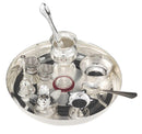 NOBILITY Silver Plated Pooja thali Set 8 Inch with Plate Diya Kalash Bowl Ghanti Dhup Dan Palli Spoon Kumkum Stand Coin Puja Thali for Diwali Home Mandir Office Wedding Return Gift Items