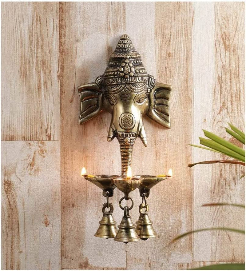 NOBILITY Ganesha Brass Hanging Diya Statue with Bell Standard Ganesh Idol for Pooja Home Decorative Puja Diwali Wedding Return Gift Items