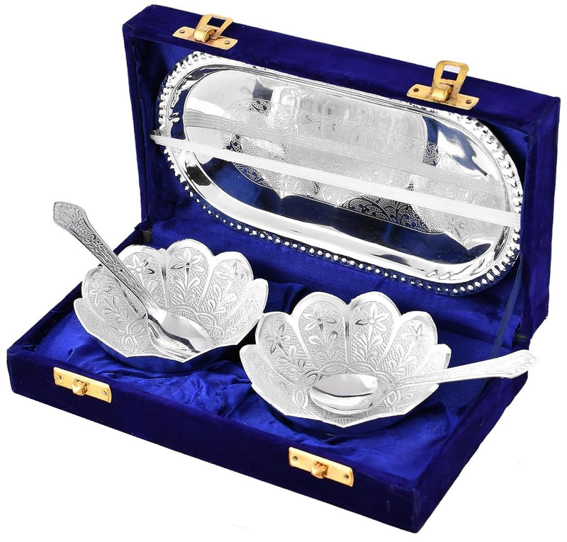 NOBILITY Bowl Spoon Tray Set Silver Plated Dry Fruits Dessert Serving Set Diwali Christmas Eid Wedding Return Gifts Friends Family Home Decorative Housewarming Corporate Gift tems