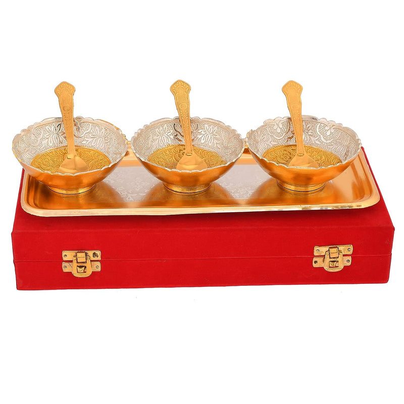 NOBILITY Bowl Spoon Tray Set Gold Silver Plated Dry Fruits Dessert Serving Wedding Return Gift Friends Family Housewarming Home Decoration Corporate Diwali Eid Christmas Gifts items