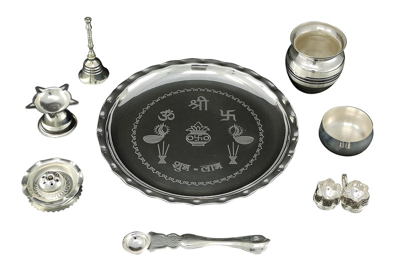 NOBILITY Silver Plated Pooja thali Set 8 Inch with Plate Ghanti Bowl Kalash Palli Agarbatti Stand Diya Kumkum Holder Puja Thali for Home Mandir Office Diwali Wedding Return Gift Items